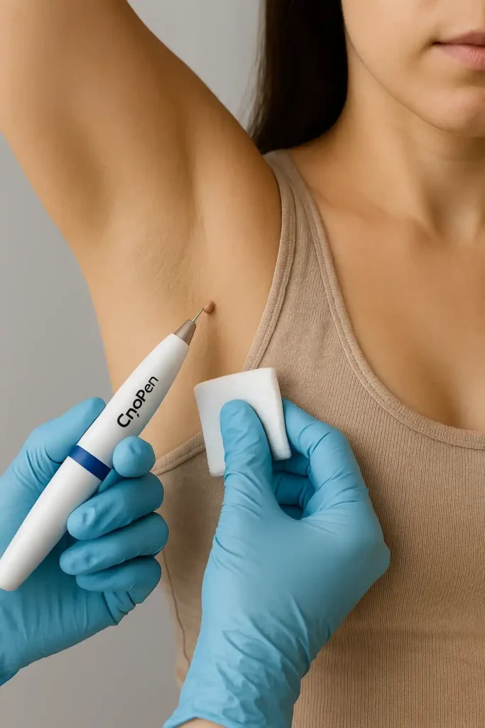 woman having cryopen to remove underarm skin tags Milton Keynes