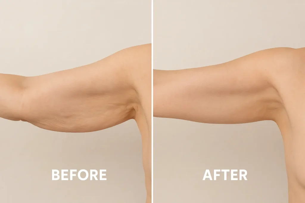 Picture of LA LIPO Milton Keynes before and after results of skin tightening treatment on the upper arms.