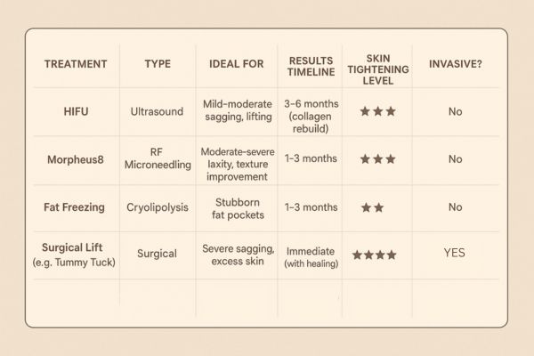 Table showing the comparisons of Skin tightening Milton Keynes treatment options.